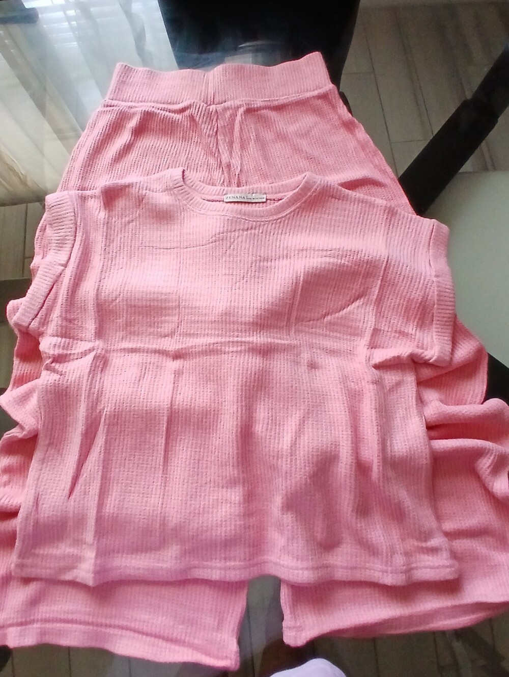 Zenana Pink Set Waffle-Knit Short Sleeve Top - Women And Legging Pant
